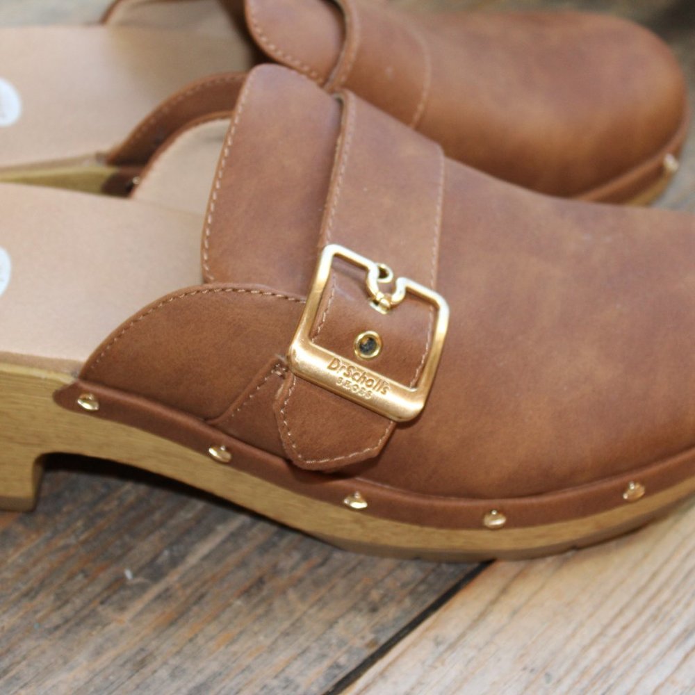 SALE! Dr. Scholl's Faux Wooden Bottom Classic Clogs Honey & Gold size 9 M NWT's - Picture 3 of 13